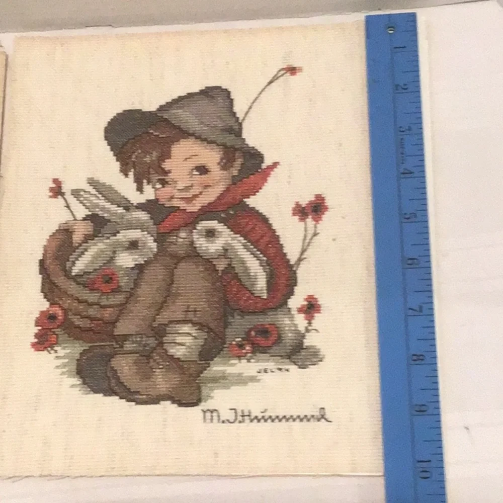 Vintage M.I. Hummel Style Cross-Stitch Wall Art Pair - Red & Cream no frame